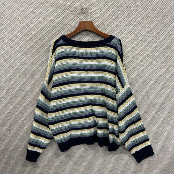 [BUNJANG] Vintage Oversized V-Neck Striped Knit Sweater / 빈티지 오버핏 브이넥 스트라이프 니트 95 M13549