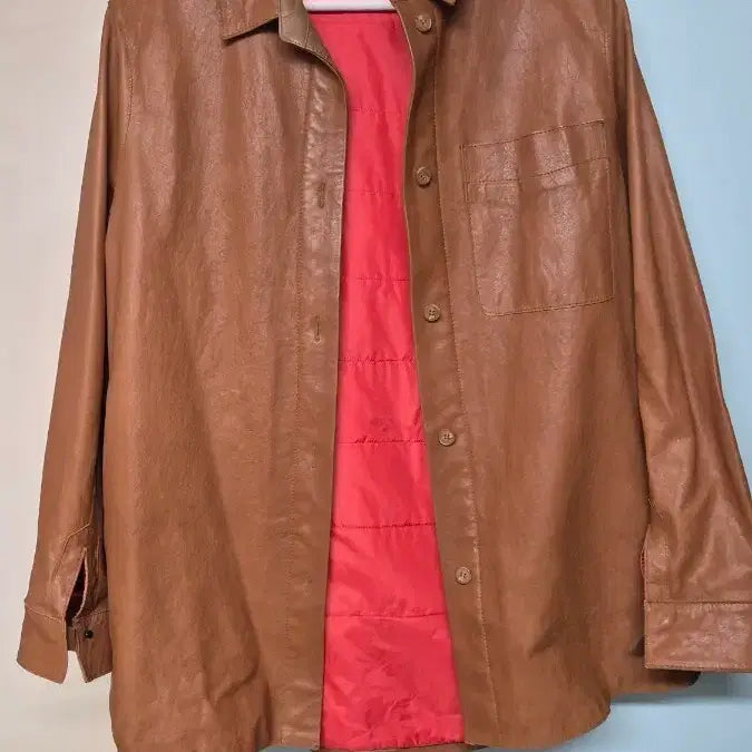 [BUNJANG] Brown Leather Shirt Jacket / 브라운 레더 셔츠 자켓 (안감 레드)