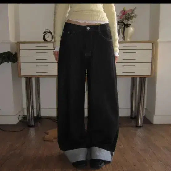 [BUNJANG] Black Denim Wide Roll-up Pants / 흑청 와이드 롤업 데님 팬츠 판매또는 교신