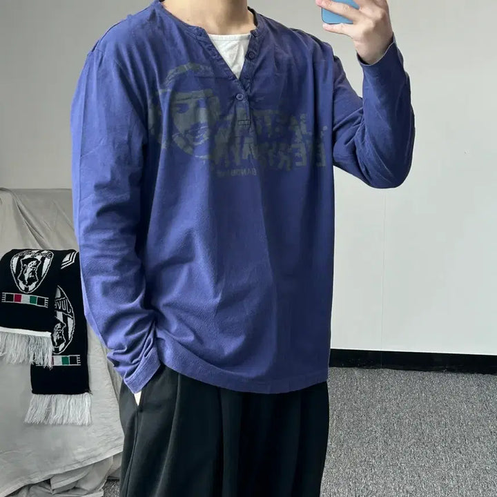[BUNJANG] BangBang Henley Neck Layered Long Sleeve Shirt / 뱅뱅 헨리넥 레이어드 긴팔 슬리브