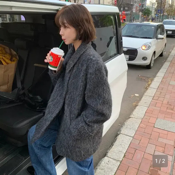 [BUNJANG] Somewherebut 헤어리 Wool Half Coat Charcoal / 썸웨어버터 헤어리 울 하프코트 차콜 실사o