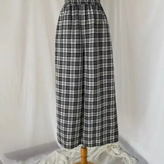 [BUNJANG] Black Tartan Check Wide Leg Pants / 블랙 검정 타탄 체크 너드 와이드 통바지 일자 밴딩 바지 팬츠