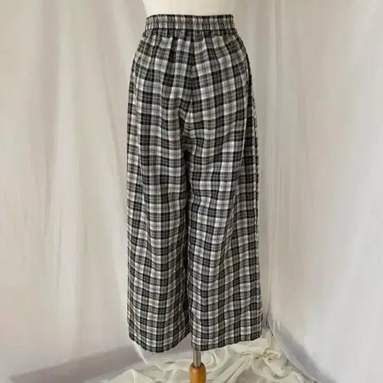 [BUNJANG] Black Tartan Check Wide Leg Pants / 블랙 검정 타탄 체크 너드 와이드 통바지 일자 밴딩 바지 팬츠