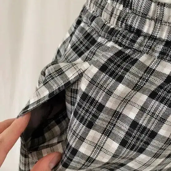 [BUNJANG] Black Tartan Check Wide Leg Pants / 블랙 검정 타탄 체크 너드 와이드 통바지 일자 밴딩 바지 팬츠