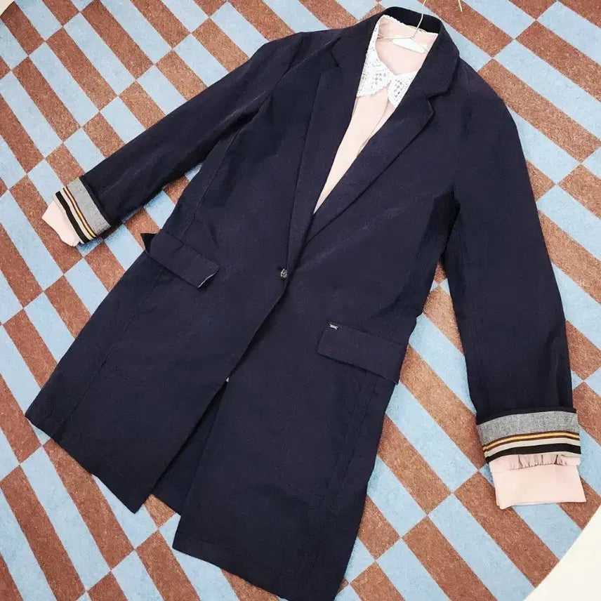 [BUNJANG] Hazzys Navy Long Trench Jacket / 헤지스 롱자켓 트렌치