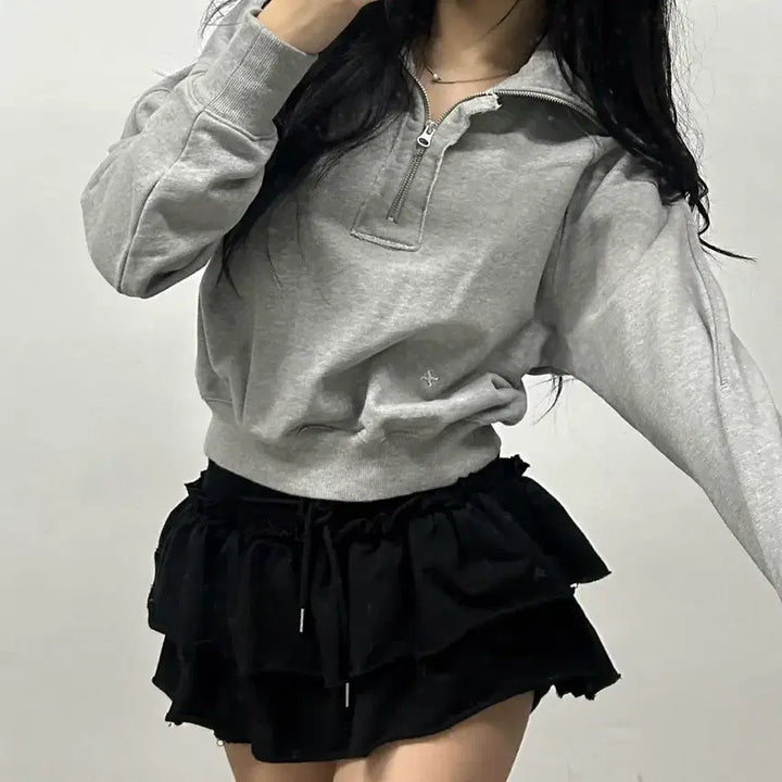 [BUNJANG] Satur Gray Sweatshirt Crop Half Zip (Size 85) / Satur 세터 그레이 스웻 셔츠 크롭 하프 집업(85)