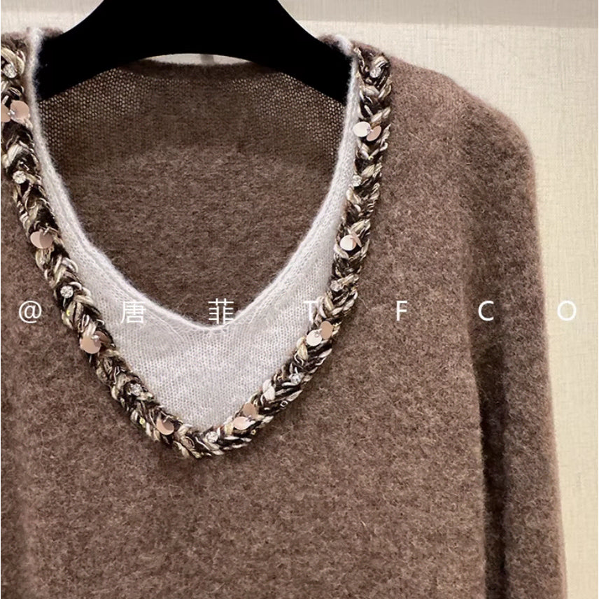 [BUNJANG] French-Inspired Sequin Trim Layered Knit Top / 44-66 프렌치 감성 스팽글 배색 니트 루즈핏 브이넥 이중 레이어드