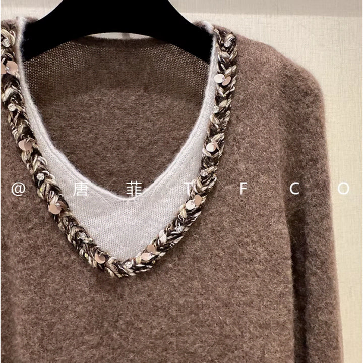 [BUNJANG] French-Inspired Sequin Trim Layered Knit Top / 44-66 프렌치 감성 스팽글 배색 니트 루즈핏 브이넥 이중 레이어드