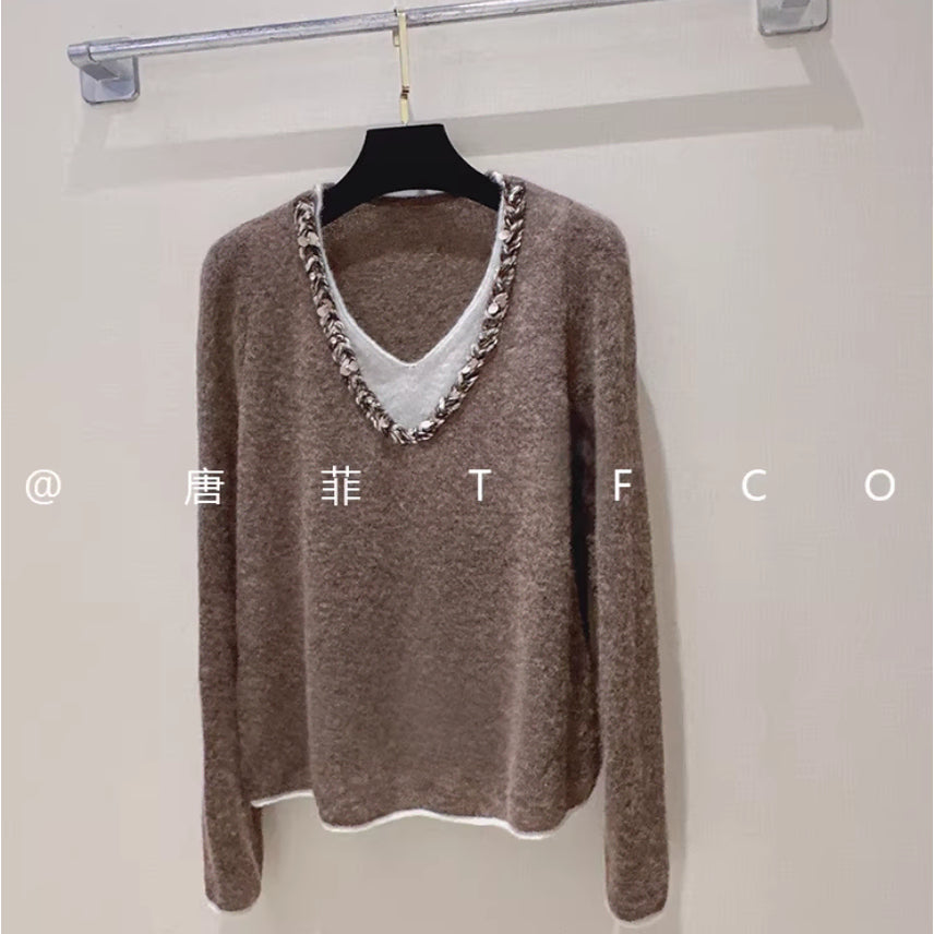 [BUNJANG] French-Inspired Sequin Trim Layered Knit Top / 44-66 프렌치 감성 스팽글 배색 니트 루즈핏 브이넥 이중 레이어드