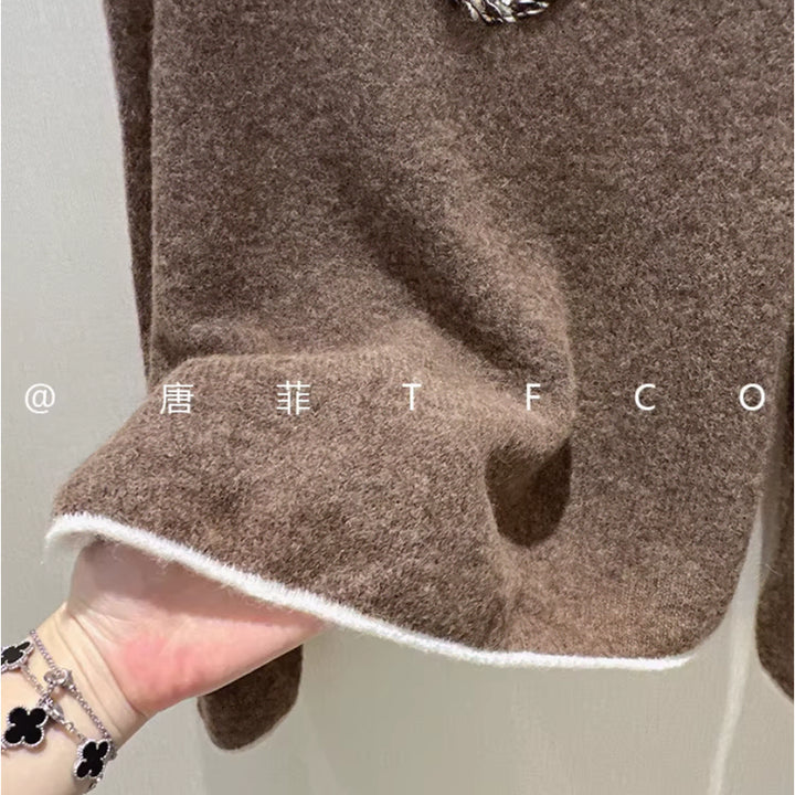 [BUNJANG] French-Inspired Sequin Trim Layered Knit Top / 44-66 프렌치 감성 스팽글 배색 니트 루즈핏 브이넥 이중 레이어드