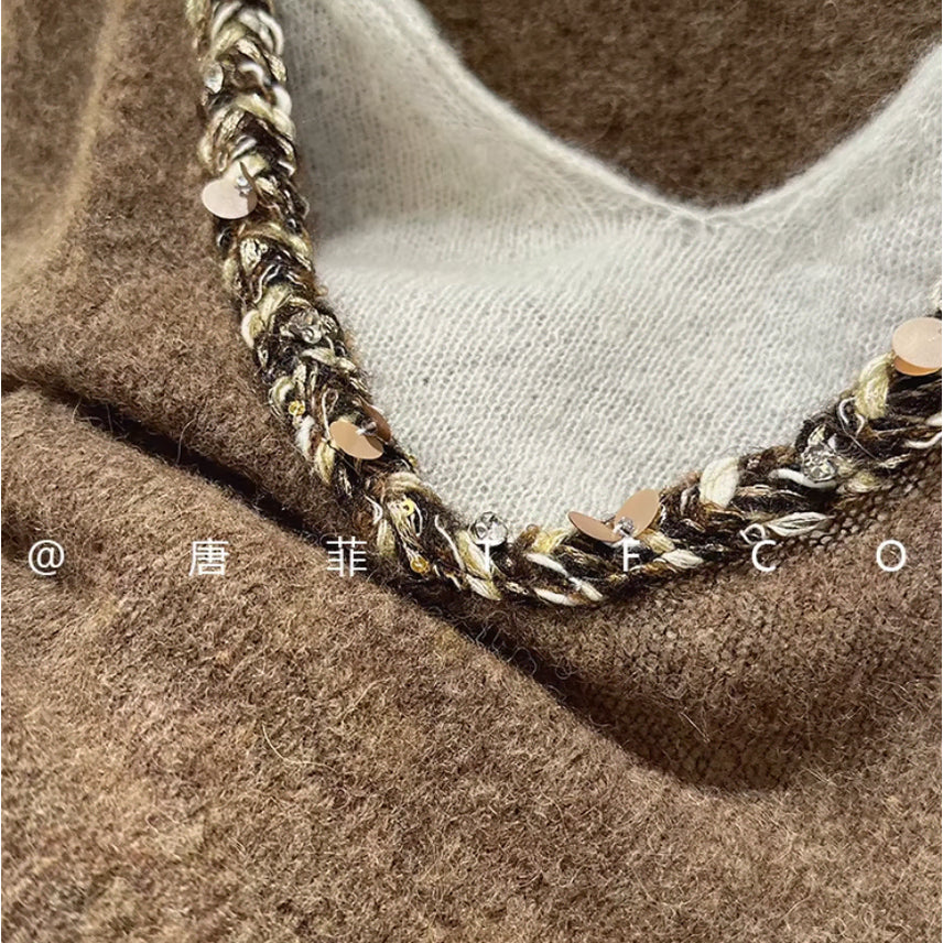 [BUNJANG] French-Inspired Sequin Trim Layered Knit Top / 44-66 프렌치 감성 스팽글 배색 니트 루즈핏 브이넥 이중 레이어드