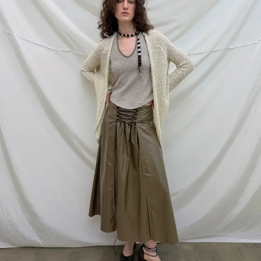[BUNJANG] NEVERSEEZ Leather Coated A-Line Long Skirt / NEVERSEEZ 네버시즈 레이스업 가죽 코팅 A라인 롱스커트