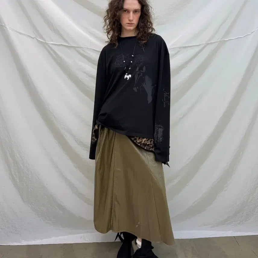 [BUNJANG] NEVERSEEZ Leather Coated A-Line Long Skirt / NEVERSEEZ 네버시즈 레이스업 가죽 코팅 A라인 롱스커트