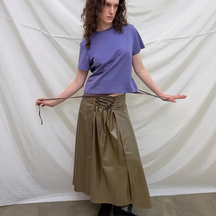 [BUNJANG] NEVERSEEZ Leather Coated A-Line Long Skirt / NEVERSEEZ 네버시즈 레이스업 가죽 코팅 A라인 롱스커트
