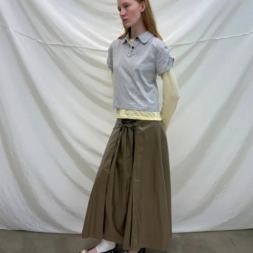 [BUNJANG] NEVERSEEZ Leather Coated A-Line Long Skirt / NEVERSEEZ 네버시즈 레이스업 가죽 코팅 A라인 롱스커트