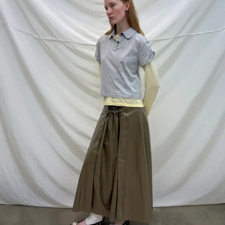 [BUNJANG] NEVERSEEZ Leather Coated A-Line Long Skirt / NEVERSEEZ 네버시즈 레이스업 가죽 코팅 A라인 롱스커트