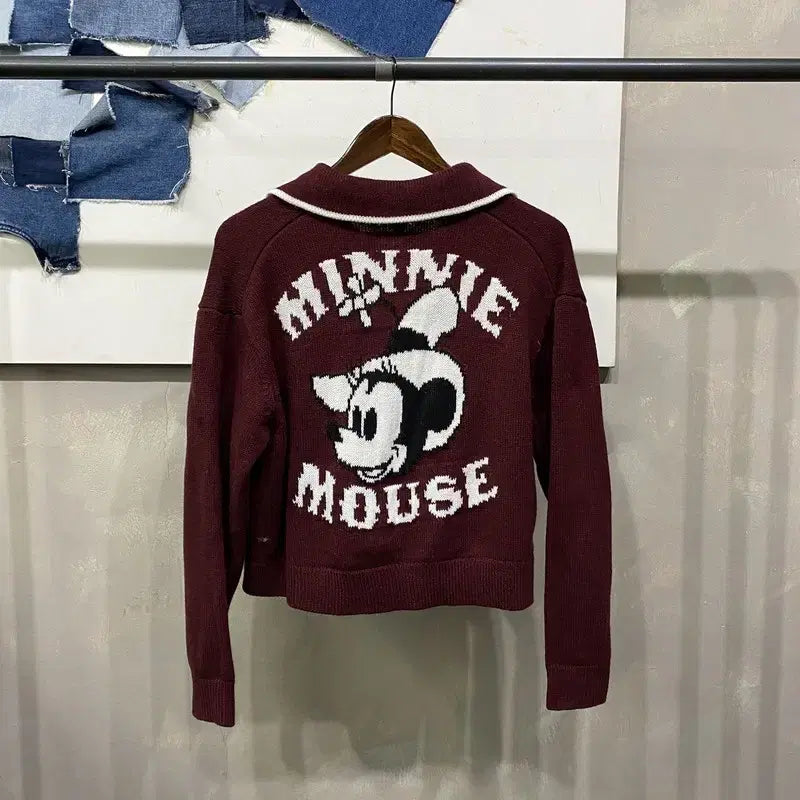 [BUNJANG] H&amp;M Disney Minnie Mouse Crop Knit Cardigan / (95) H.M 흐앤므x디즈니 여성 캐주얼 미니마우스 크롭 니트 가디건