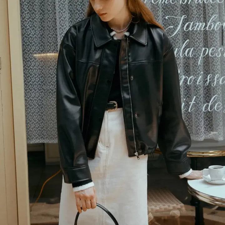 [BUNJANG] Rola Rola Leather Jacket Black / 로라로라 레더자켓 블랙 FREE