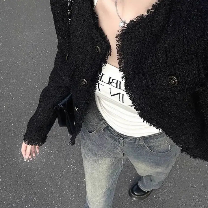 [BUNJANG] Black Tassel Tweed Jacket / 블랙 테슬 트위드 자켓