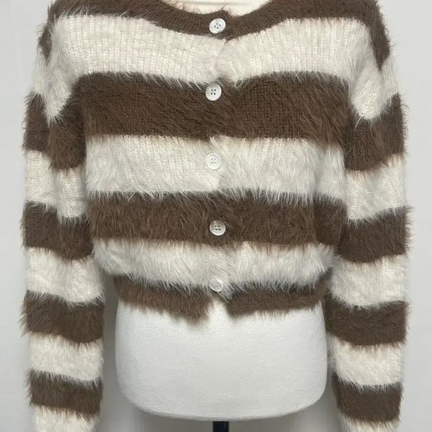[BUNJANG] Brown/White Striped Knit Cardigan / 브라운/화이트 스트라이프 니트 가디건