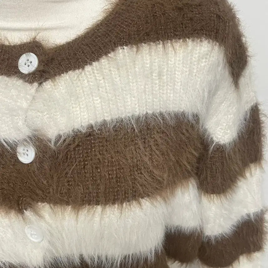 [BUNJANG] Brown/White Striped Knit Cardigan / 브라운/화이트 스트라이프 니트 가디건