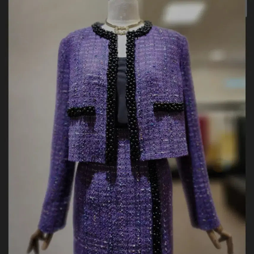 [BUNJANG] MojoSphin Purple Tweed Suit Set / 모조에스핀 흑진주 트리밍 보라색 트위드 정장 셋업(66,새옷컨디션)