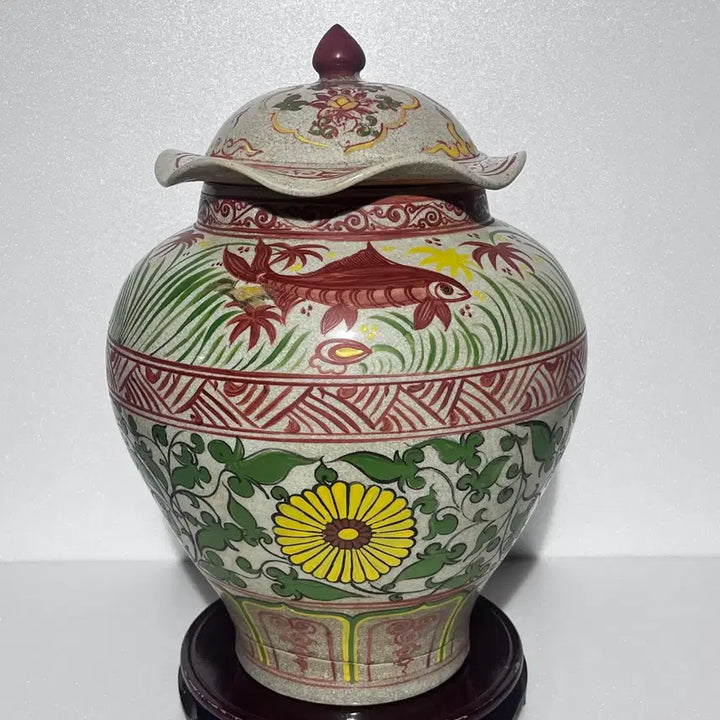 [BUNJANG] Chinese Porcelain Floral Covered Jar / 중국도자기 반홍 화훼어문 유개관