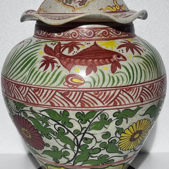 [BUNJANG] Chinese Porcelain Floral Covered Jar / 중국도자기 반홍 화훼어문 유개관