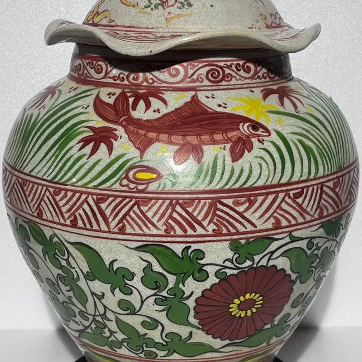 [BUNJANG] Chinese Porcelain Floral Covered Jar / 중국도자기 반홍 화훼어문 유개관