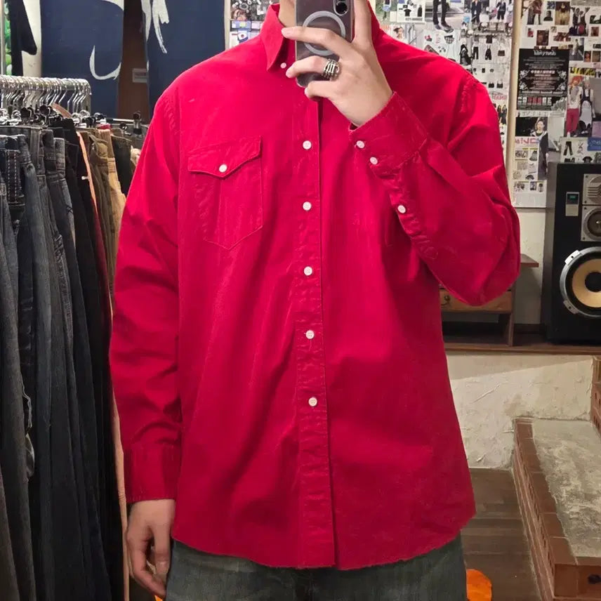 [BUNJANG] Wrangler Red Western Oversized Cotton Shirt / 랭글러 레드 웨스턴 오버핏 코튼 셔츠