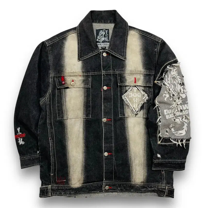 [BUNJANG] Dogtown 90s Black Dragon Washed Double Line Black Denim Jacket / 도그타운 90s 블랙드래곤 워시드 더블 라인 흑청자켓