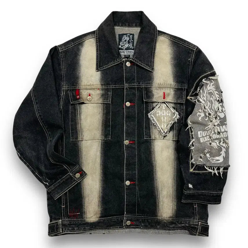 [BUNJANG] Dogtown 90s Black Dragon Washed Double Line Black Denim Jacket / 도그타운 90s 블랙드래곤 워시드 더블 라인 흑청자켓