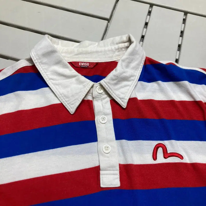 [BUNJANG] Evisu Striped Long Sleeve Polo Shirt / [L]에비수 스트라이프 긴팔 카라티 0312