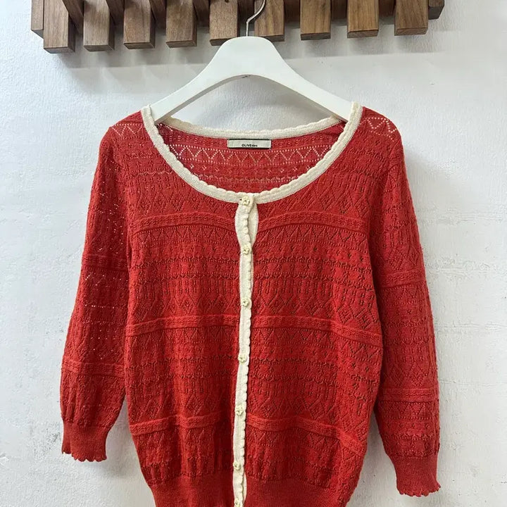 [BUNJANG] OLIVE des OLIVE Floral Button Punching Knit Cardigan / 일본빈티지 OLIVE des OLIVE 플라워 버튼 펀칭 니트가디건