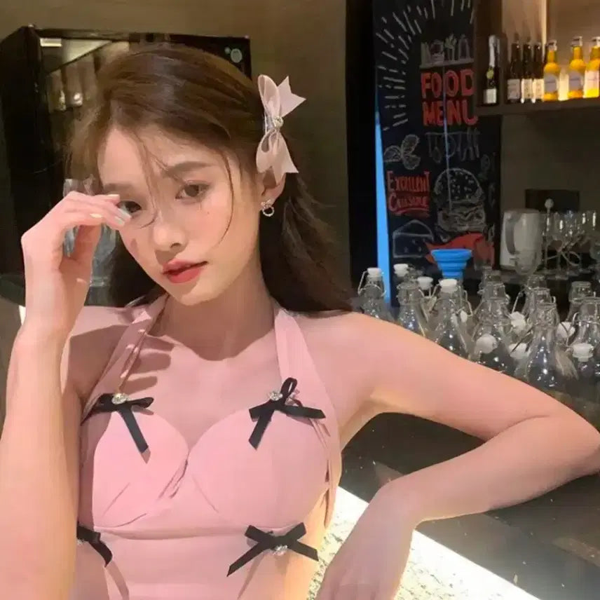 [BUNJANG] Heart Cubic Ribbon Hair Clip / 하트 큐빅 리본 집게삔