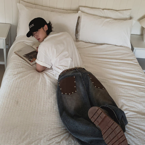 [BUNJANG] Two Plan Koharu Late Back Leather Pocket Denim Pants / 투플랜 코시하루 레이트 백 레더 포켓 데님팬츠