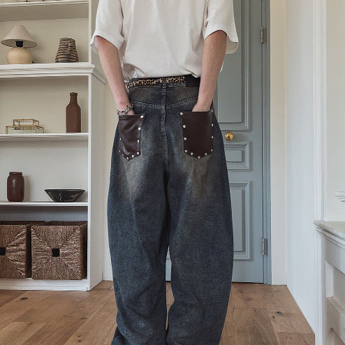 [BUNJANG] Two Plan Koharu Late Back Leather Pocket Denim Pants / 투플랜 코시하루 레이트 백 레더 포켓 데님팬츠