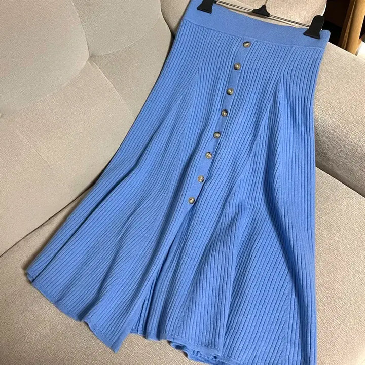 [BUNJANG] Polo Ralph Lauren Merino Wool Ribbed Knit Button Front Long Skirt / 폴로 랄프로렌 리브 니트 버튼 메리노울 스커트 플레어 롱치마 골지 블루