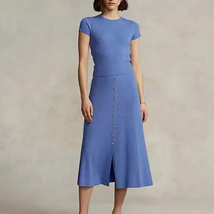 [BUNJANG] Polo Ralph Lauren Merino Wool Ribbed Knit Button Front Long Skirt / 폴로 랄프로렌 리브 니트 버튼 메리노울 스커트 플레어 롱치마 골지 블루