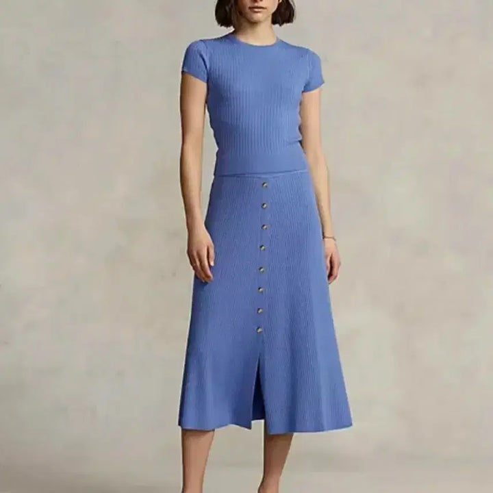 [BUNJANG] Polo Ralph Lauren Merino Wool Ribbed Knit Button Front Long Skirt / 폴로 랄프로렌 리브 니트 버튼 메리노울 스커트 플레어 롱치마 골지 블루