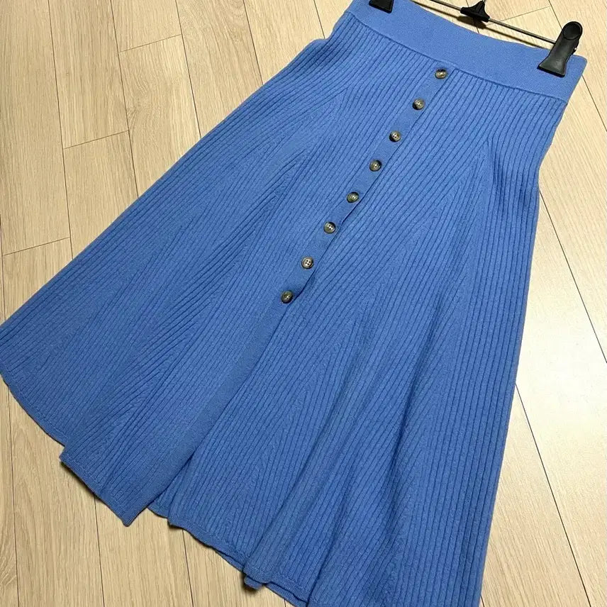 [BUNJANG] Polo Ralph Lauren Merino Wool Ribbed Knit Button Front Long Skirt / 폴로 랄프로렌 리브 니트 버튼 메리노울 스커트 플레어 롱치마 골지 블루