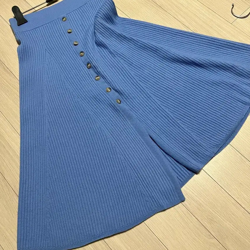 [BUNJANG] Polo Ralph Lauren Merino Wool Ribbed Knit Button Front Long Skirt / 폴로 랄프로렌 리브 니트 버튼 메리노울 스커트 플레어 롱치마 골지 블루
