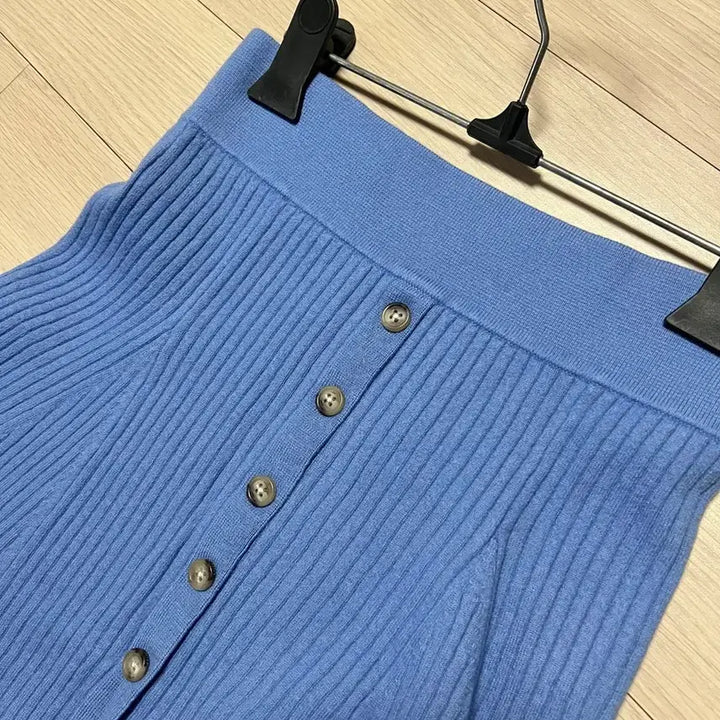 [BUNJANG] Polo Ralph Lauren Merino Wool Ribbed Knit Button Front Long Skirt / 폴로 랄프로렌 리브 니트 버튼 메리노울 스커트 플레어 롱치마 골지 블루