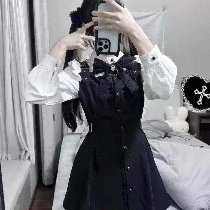[BUNJANG] Black Ribbon Ruffle Setup / 지뢰계 블랙 리본 러플셋업(배송비포함)