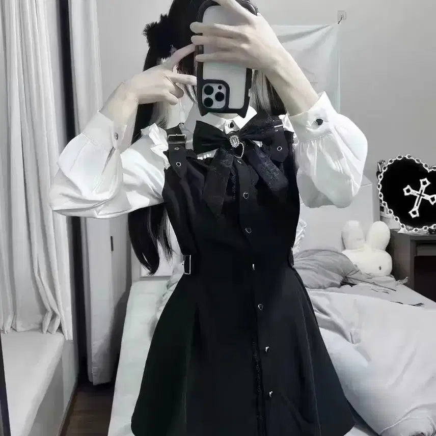 [BUNJANG] Black Ribbon Ruffle Setup / 지뢰계 블랙 리본 러플셋업(배송비포함)