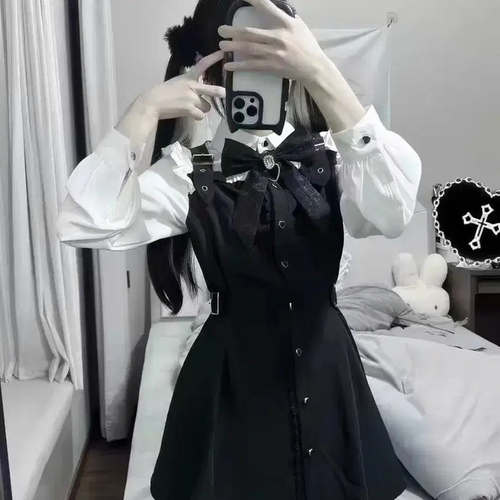 [BUNJANG] Black Ribbon Ruffle Setup / 지뢰계 블랙 리본 러플셋업(배송비포함)