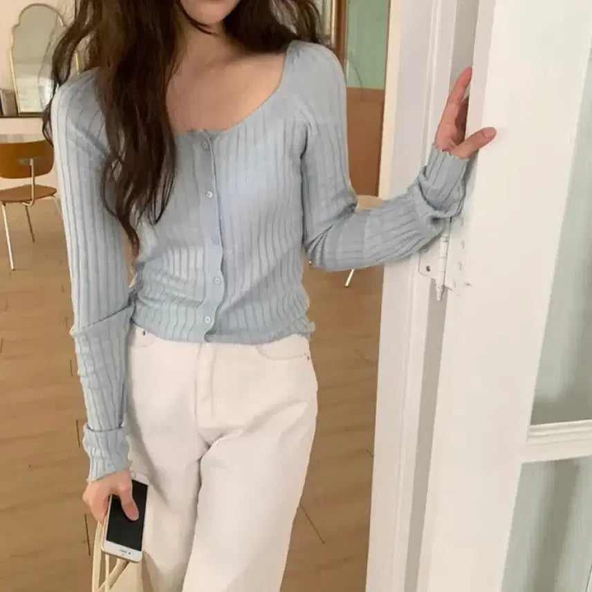[BUNJANG] Nearwear Square Neck Ribbed Cardigan / 에이블리 니어웨어 스퀘어넥 골지 가디건 새제품