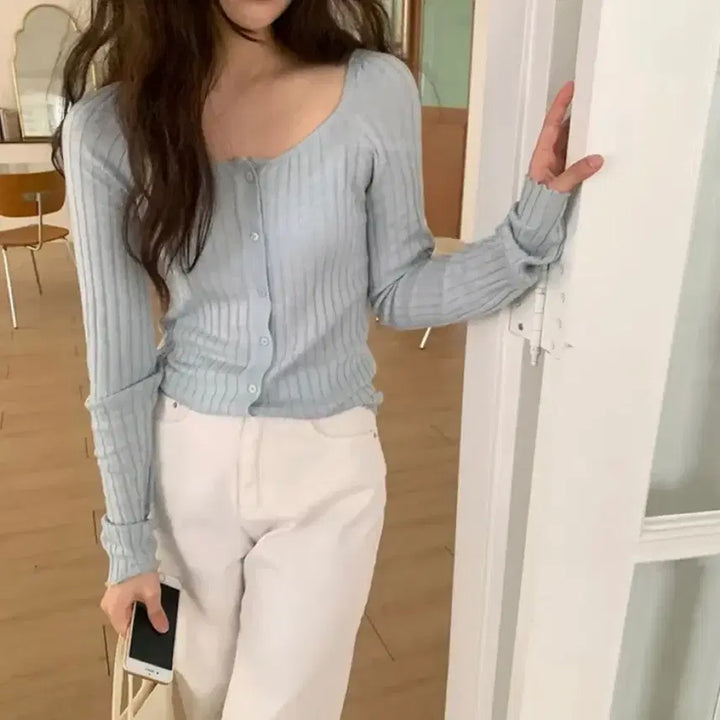 [BUNJANG] Nearwear Square Neck Ribbed Cardigan / 에이블리 니어웨어 스퀘어넥 골지 가디건 새제품