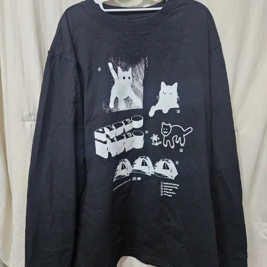 [BUNJANG] Video Jockey Cat Print Long Sleeve T-Shirt / 비디오자키 고양이 프린팅 긴팔 티셔츠