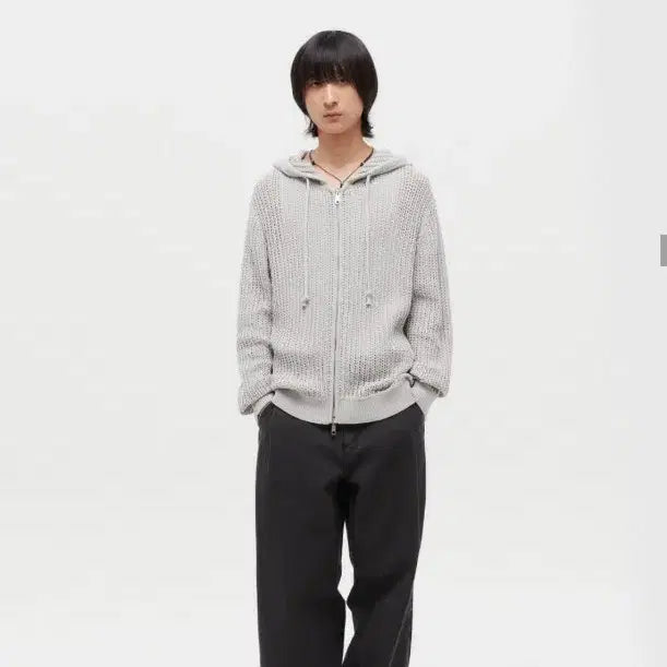 [BUNJANG] Fabrega Crochet Hooded Zip-up Knit Gray 3-Size / 파브레가 크로셰 후드 집업 니트 그레이 3사이즈